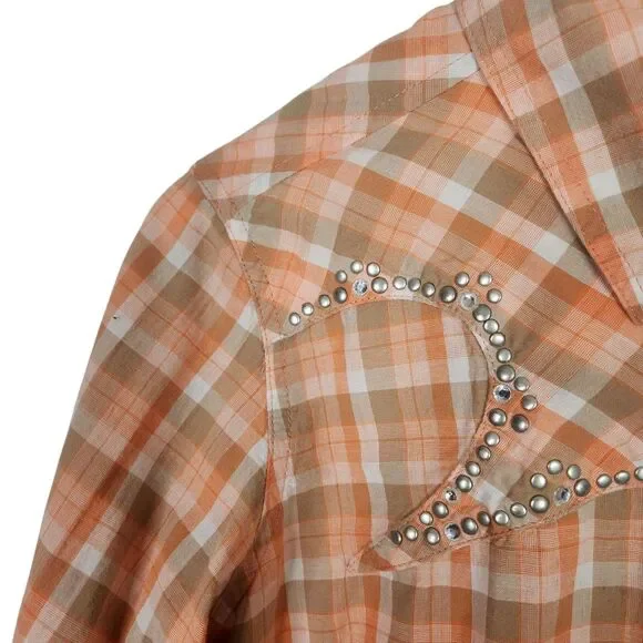ARIAT Top Womens Large Orange Plaid Pearl Snap Western Shirt Beaded Bling Fitted - Picture 5 of 8